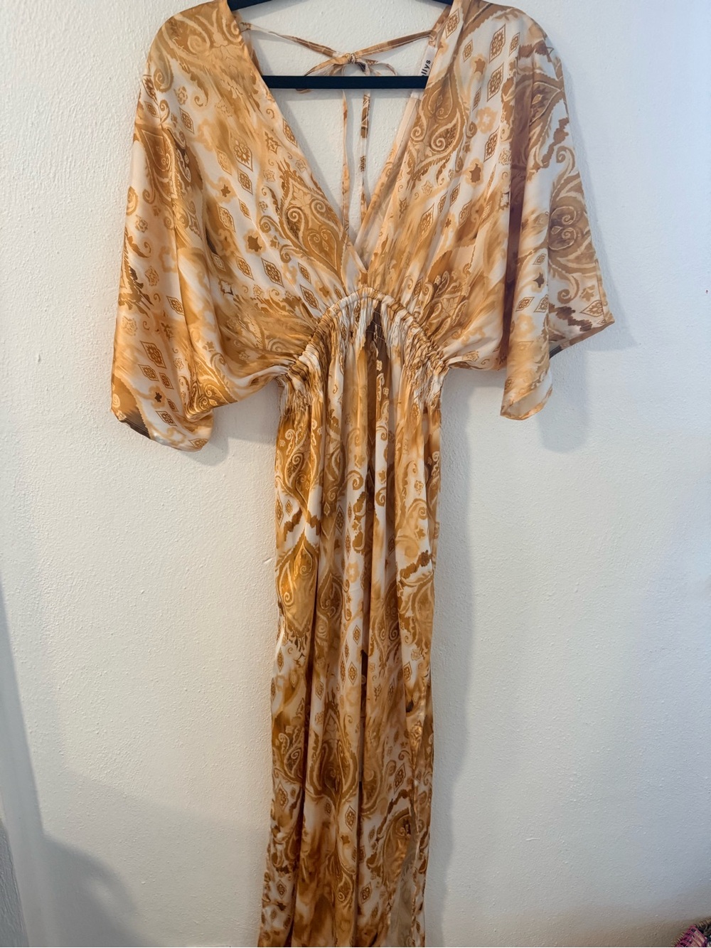 Elegant Gold Paisley Maxi Satin Dress with V-Neck